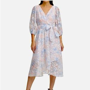 DKNY Pastel Floral Wrap Midi Dress in Light Pink & Blue
